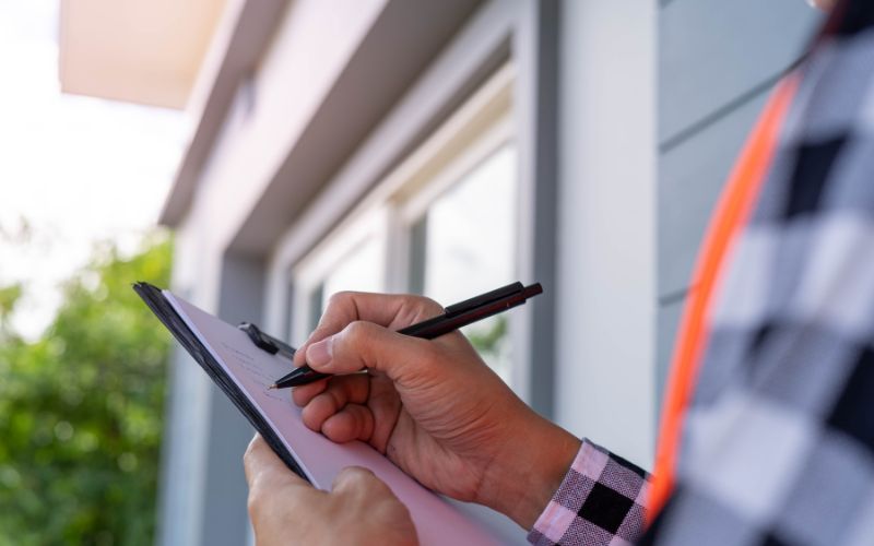 Pest control inspector writing on clipboard