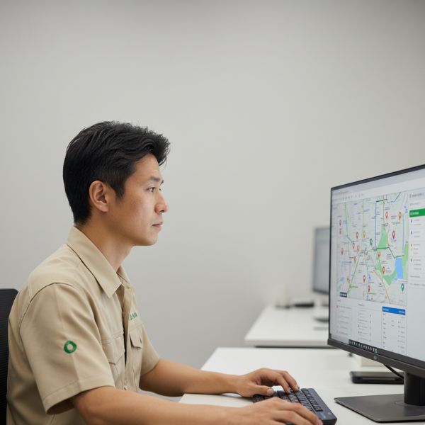 pest control technician in front of computer