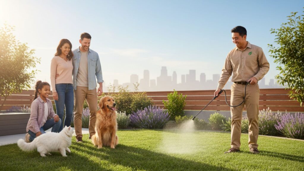 pest control technician spraying for fleas