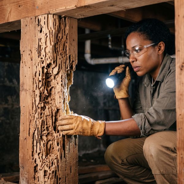 woman inspecting termite damage to home