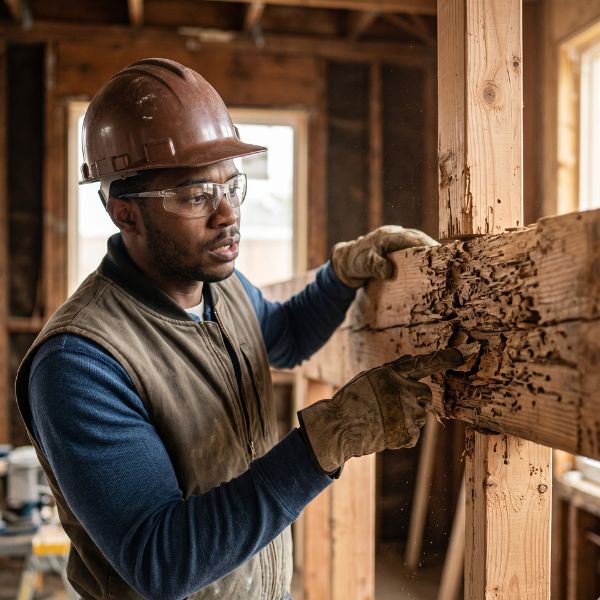 man surveying termite damage to home